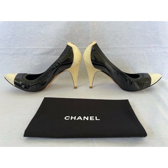 Authentic Chanel Womens Shoes Elastic Pumps Heels Cap Toe Leather Black Beige 39 - Picture 3 of 13
